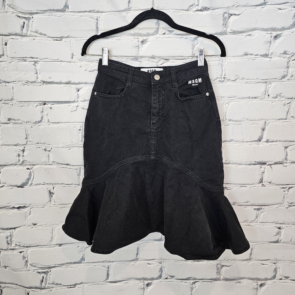 MSGM Black Fishtail Denim Skirt